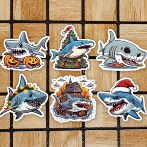 Holiday Shark Sticker Pack of 6 Vinyl Stickers - Waterproof Die Cut Sticker Set